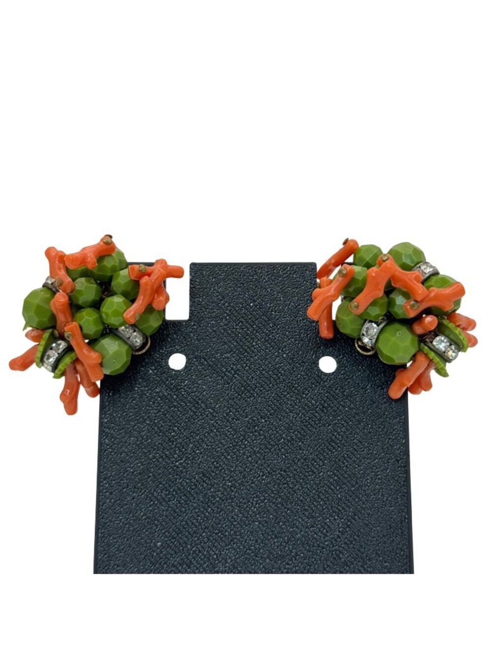 Miriam Haskell Coral Green Crystal Glass Beaded Clip-On Earrings Rhinestone Vtg